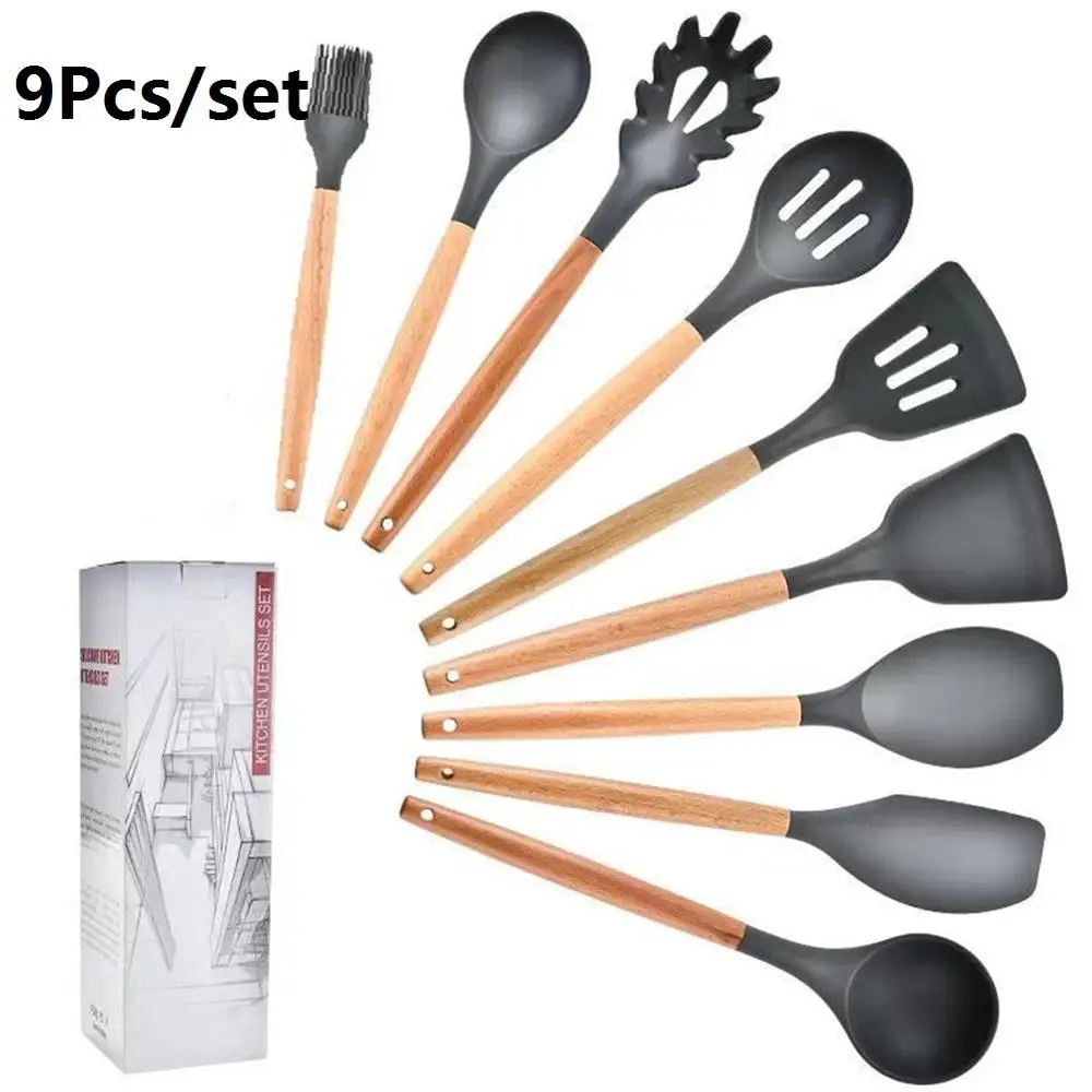 9Pcs set 10 шт./12 шт. набор силиконовых кухонных принадлежностей Тернер суповая ложка лопатка щетка скребок Паста Сервер взбиватель яиц кухонные инструменты для приготовления пищи - Цвет: 9Pcs set