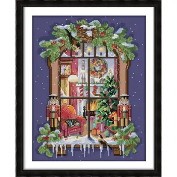

Joy Sunday Cross Stitch Window of The Christmas Canvas Printed DMC 14CT Cross Stitch Kits Christmas Home Decoration Send Gift