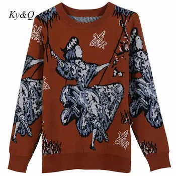 

Runway 2020 Winter Women Vintage Sweet Cute Cartoon Graffiti O-neck Long Sleeve Loose Knit Top Pullover Sweater Outwear Clothes