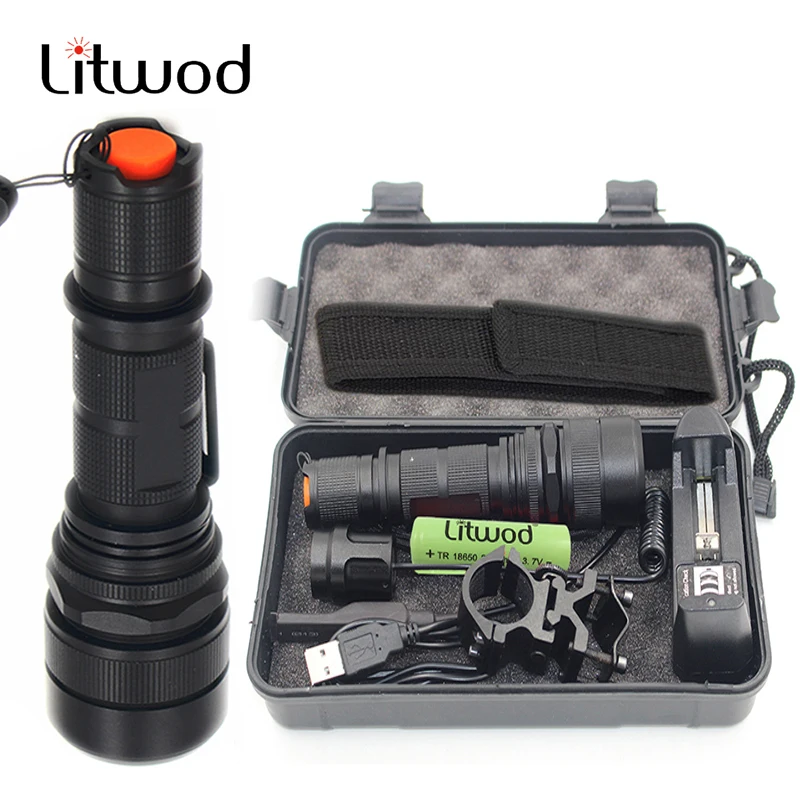 Светодиодный фонарик Litwod перезаряжаемый с USB зарядкой зумом и алюминиевым