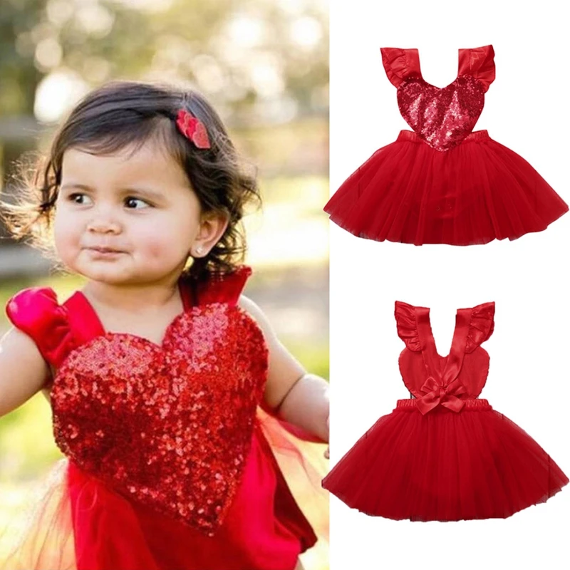 Valentine's Day Dress Kids Baby Girls Clothes Heart Ruffle Bling Sequin Tulle Princess Dresses Cute Slip Dress Vestido de bebe