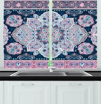 

Purple Blue Mandala Kitchen Curtains Eastern Paisley Pattern Karma Hidden Universe Theme Floral Print for Kitchen Cafe Decor