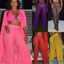 Популярные женские широкие расклешенные брюки с высокой талией, длинные пляжные сетчатые бикини