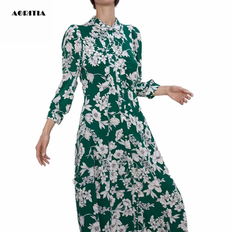 

2019 Women Autumn Floral Print Buttons Dresses Three Quarter Sleeve Long Dress