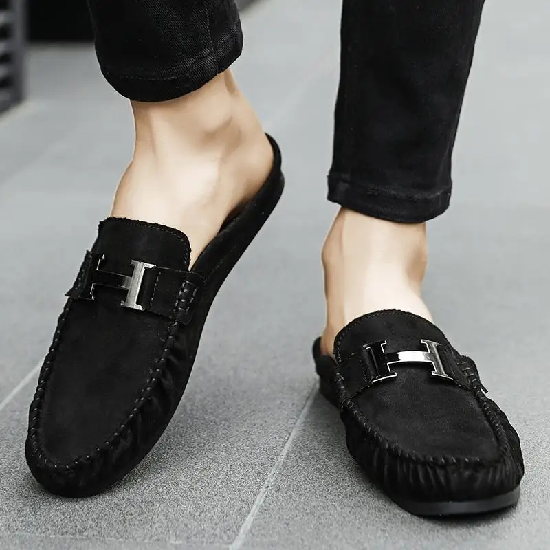 

2018 Spring Summer New Style Men's Half Casual Shoes Fashion Origional Large H Buckle Trendy Shoes Breathable Korean-style Half