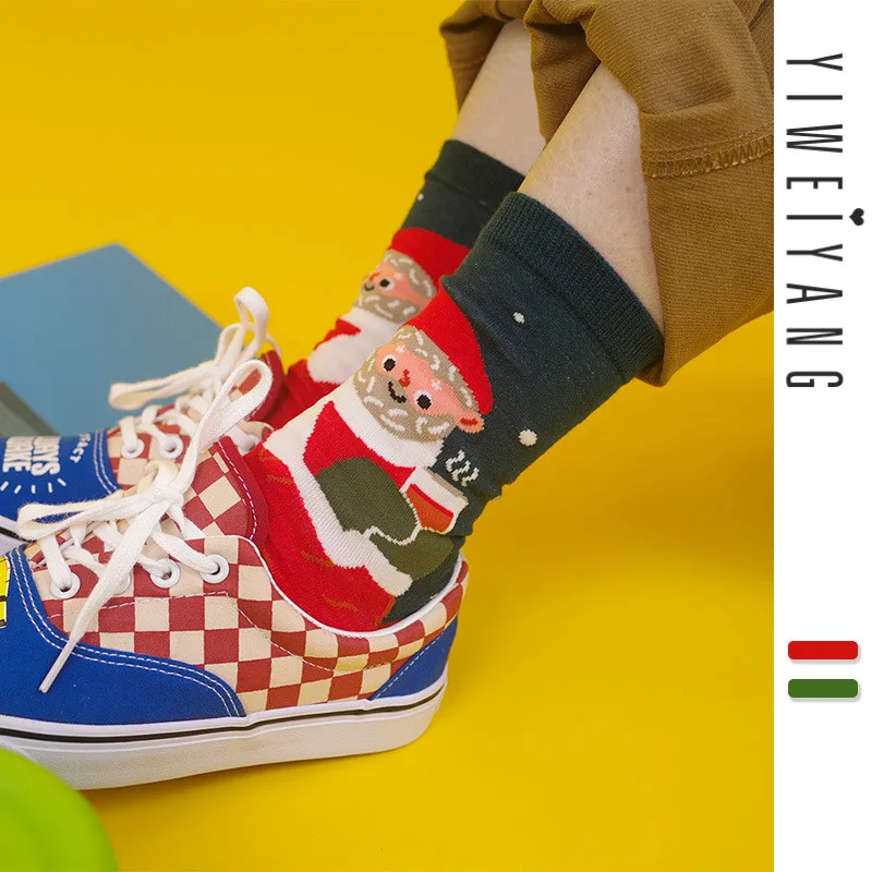 Милые носки унисекс с рисунком Санта Клауса; сезон весна-осень; рождественские носки из чистого хлопка; цвет зеленый, красный