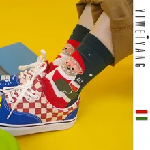 Милые носки унисекс с рисунком Санта Клауса; сезон весна-осень; рождественские носки из чистого хлопка; цвет зеленый, красный