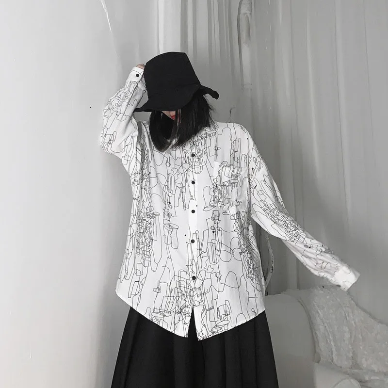 Белая блузка, рубашка размера плюс 4XL 5XL 6XL, Женская винтажная рубашка с абстрактным принтом и отворотом, свободная рубашка с длинным рукавом летучая мышь, летние блузки