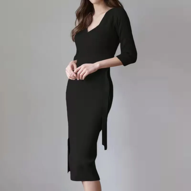 Autumn/winter long v-neck long sleeve dress for ladies, bodice for bodice, fashion, sexy, solid-color, long sleeve winter/autumn