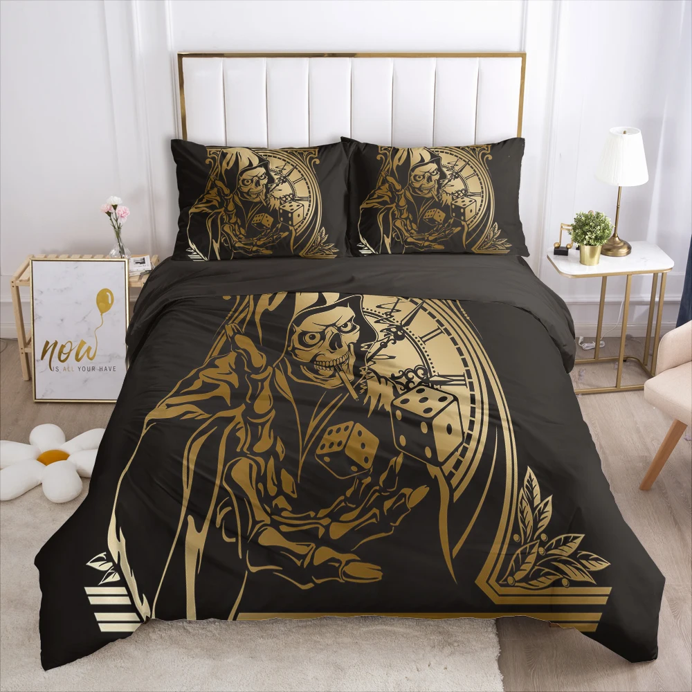 

Luxury Bedding Set 3D HD Printed Duvet Cover Set Pillowcases Comforter Quilt Blanket Cover Queen/King Black Gold Skull Death