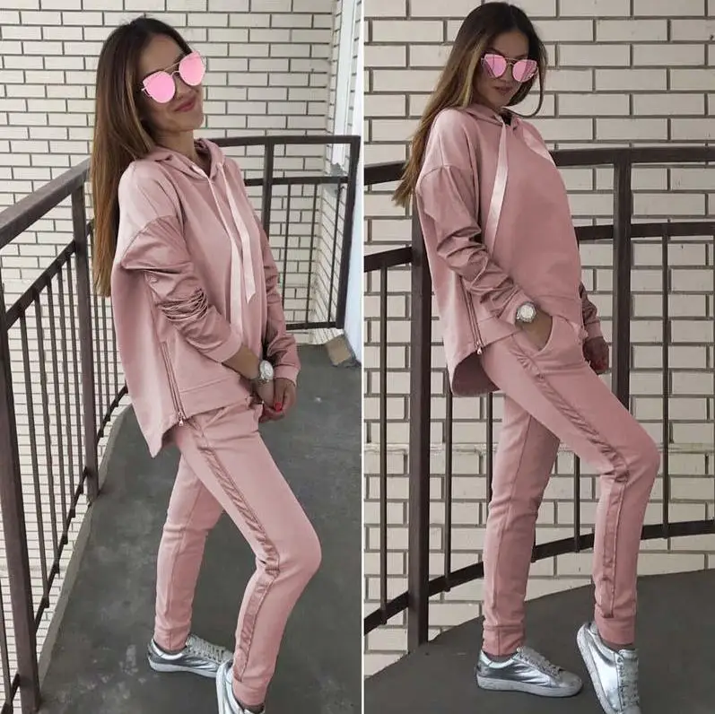 pink Уличная одежда, хлопковый Повседневный Спортивный костюм для женщин, Осень-зима, на молнии, с неровной строчкой, толстовки, длинные штаны, костюм из двух предметов, пуловеры - Цвет: pink