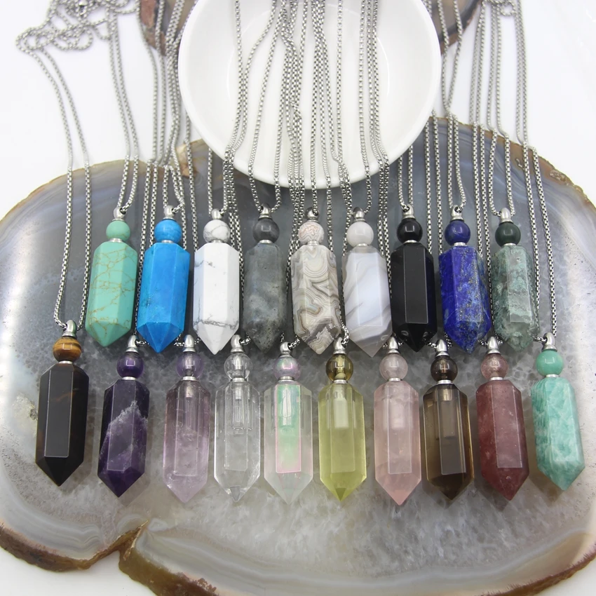 

Quartz Crystal Hexagon Prism Spike Pointed Perfume Bottle Pendants,Natural Gemstone Points Essential Oil Diffuser Vial Necklace