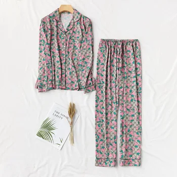 

Pink Print Flower Pajamas Suit Women Satin Nightwear Female Casual Summer Shirt&Pants Home Clothing Lounge Sleepwear Pijamas Set