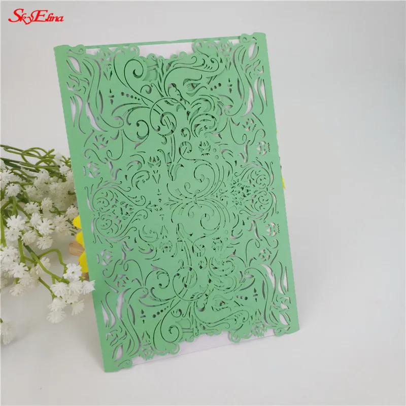 light green 10/30 шт. белый перламутровой Бумага лазерная резка свадебные приглашения карты с лентой по заказу Свадебный декор вечерние поставки 6z - Цвет: light green