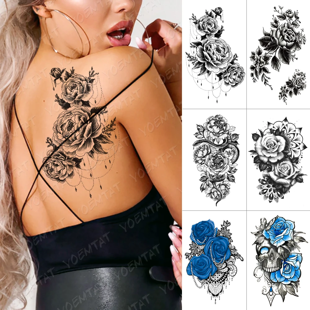 Big Rose Flower Temporary Tattoos Fake Jewelrys Design Pendant Henna Waterproof Tattoo Decal Women Body Art Tatoos Arm 3D | Красота и