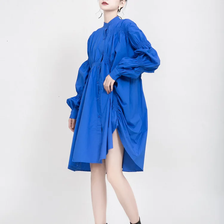 lady Autumn Fashion Solid Color Blue Fold Shirt tops stand collar Loose Form Long Sleeve blouse ZX466