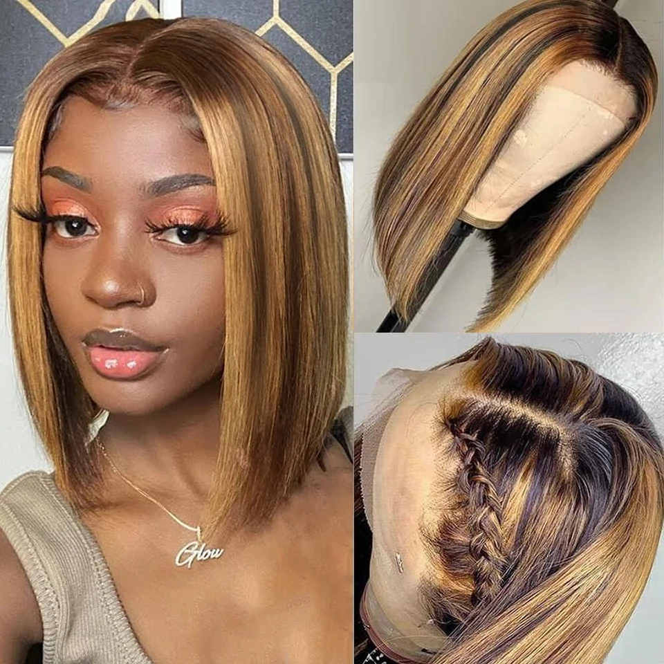 Resaltar Peluca de cabello humano brasileño peluca recta con corte Bob 13x4 frente de encaje pelucas de cabello humano para las mujeres de color sin costuras pelucas de cabello humano