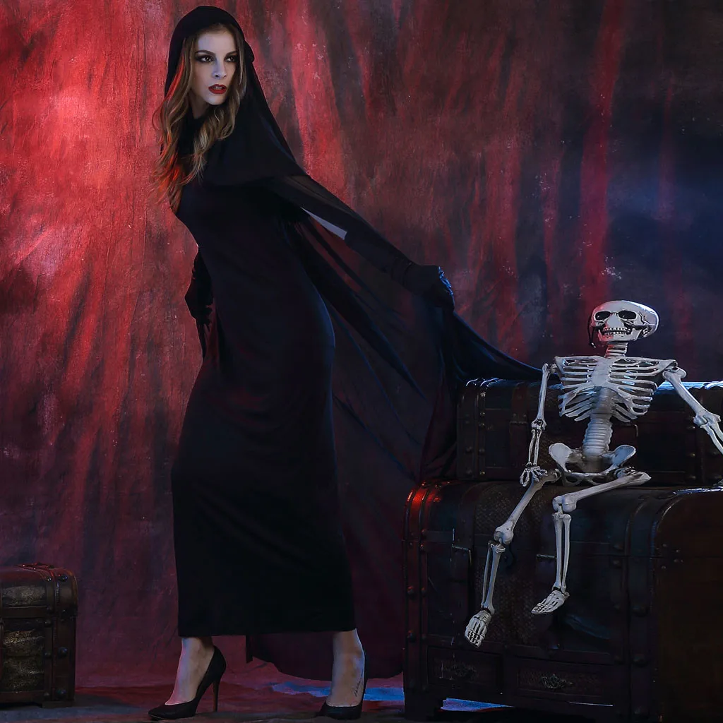 3PC Halloween Cosplay Costumes Women Vintage Vampire Horror Black Long Dress Suit хеллоуин костюм Vestido de dia das bruxas#D
