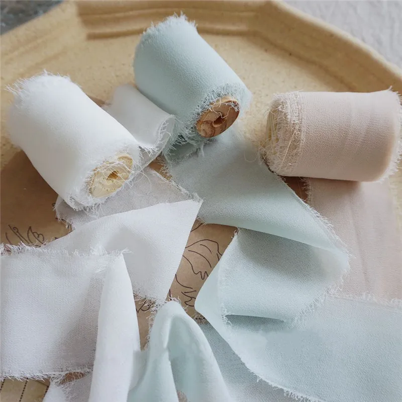  3pcs Frayed Chiffon Silk Ribbon with Wood Spool 4cmx5m Wedding Invitation Bouquets Handmade Ribbon 