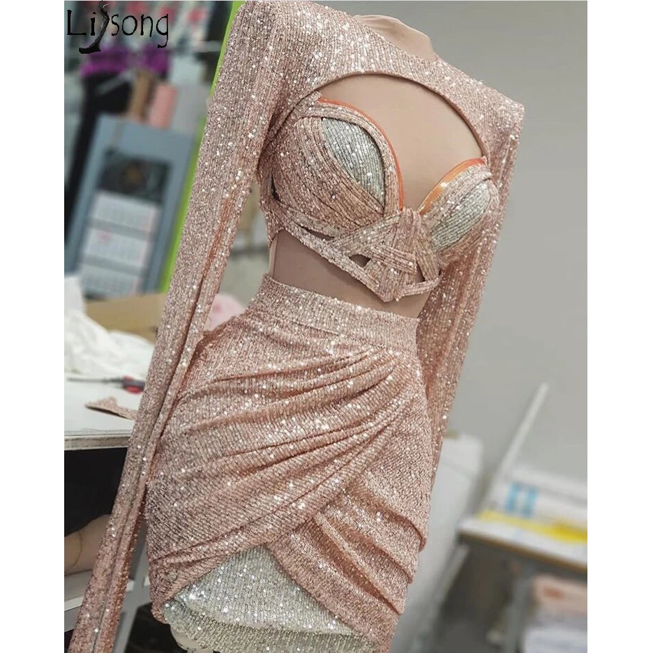 Hippie Stijl Pailletten Mini Cocktail Jurken Driedelig Pak Sexy Korte Prom Partij Jassen Lange Mouwen Bling Bling Meisjes Party dragen Hippie Stijl Pailletten Mini Cocktail Jurken Driedelig Pak Sexy Korte Prom Partij Jassen Lange Mouwen Bling Bling Meisjes Party dragen
