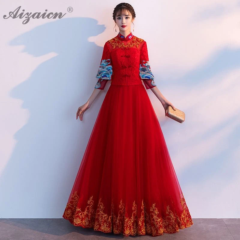 

Chinoise Lace Yarn Skirt Cheongsam Modern Red Bride Marry Gown Qi Pao Women Traditional Chinese Evening Dress Qipao Promotion