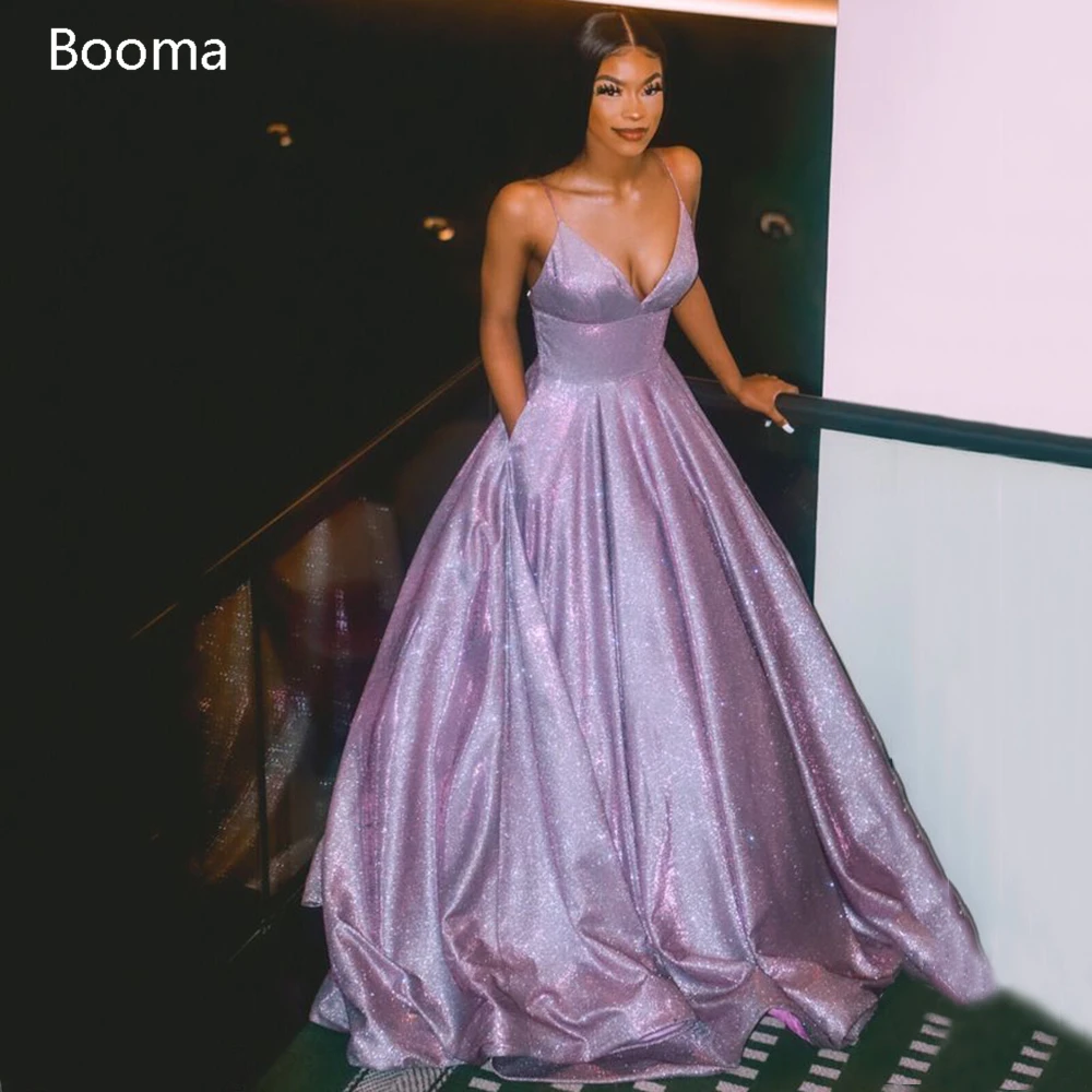 

Glitter Purple V-Neck Evening Dresses Spaghetti Straps Backless Long Prom Dresses with Pockets Sleeveless A-Line Formal Gowns