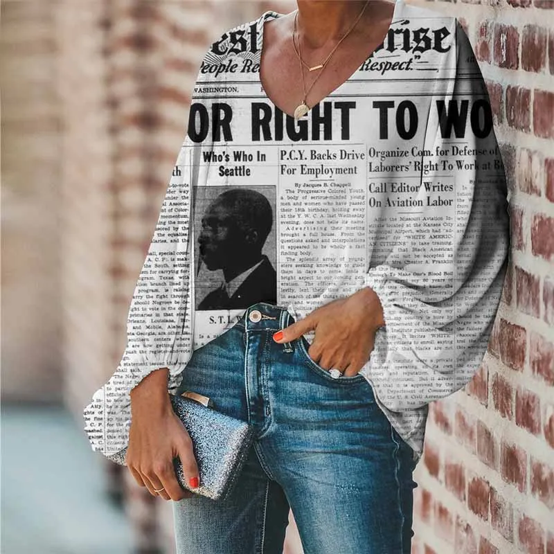 

WHEREISART Personalized Newspaper Printing Female Blouse Letter Printed Chiffon Slim Girls Clothes Cool Tops