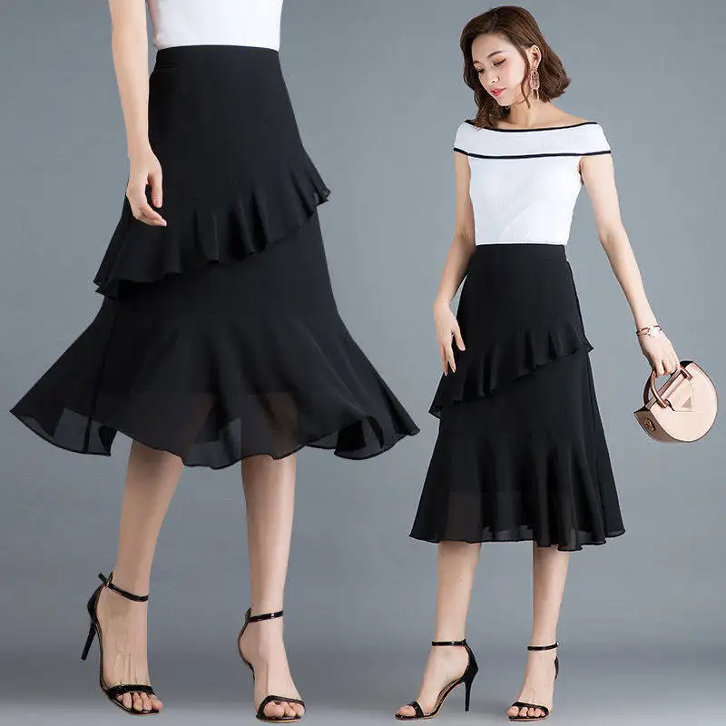 

2019 Autumn New Style Skirt Midi-skirt Fairy Casual Solid Color Black with Thin Look Elegant Fishtail Skirt