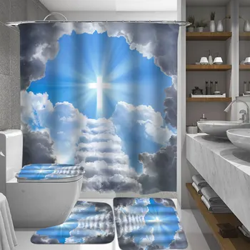 

4 Pcs Break Through the Clouds Waterproof Bathroom Shower Curtain Toilet Cover Mat Non-Slip Floor Mat Rug with 12 Hooks