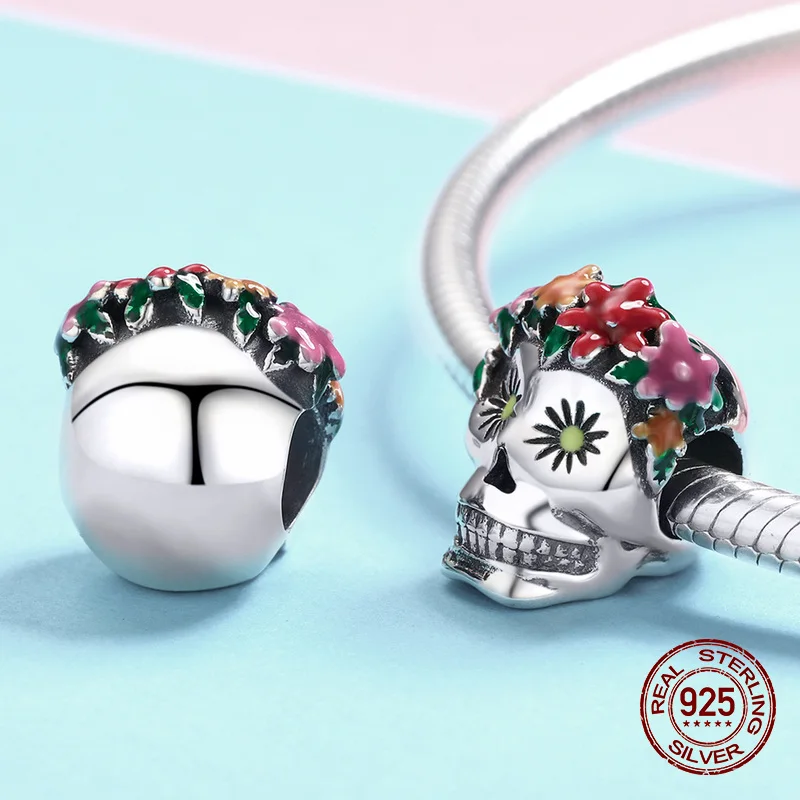 Эмаль на Хэллоуин бусины-черепа Fit Pandora браслет Шарм подлинное серебро 925 пробы Оригинальное ювелирное ожерелье кулон подарок