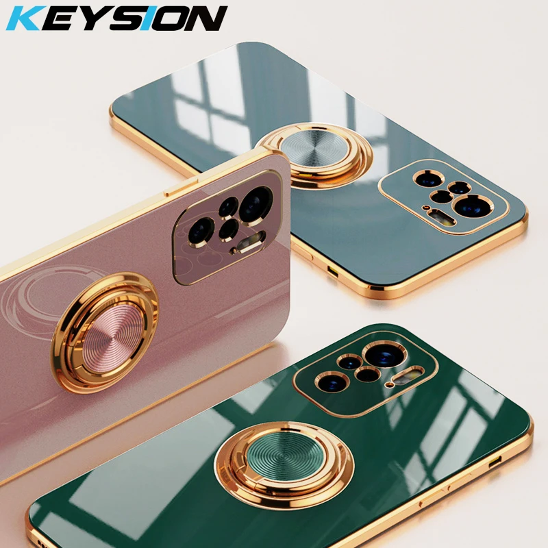 KEYSION Luxury Plating Case for Redmi Note 10 10 Pro Max 10S Note 9T 5G Ring Stand silicone Phone Cover for Xiaomi Mi 11 Lite 1