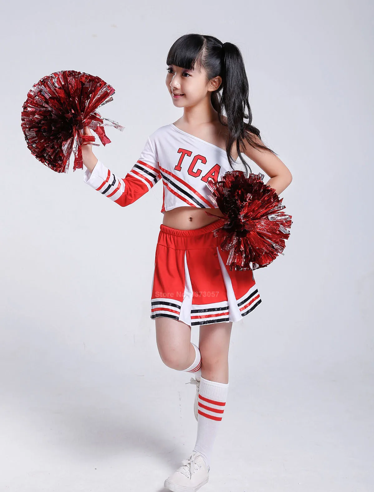 100-170cm Kids Girls Cheerleader Costumes Shoulder Off Vest+ Skirt Student Boys School Uniform Cheerleading Dance Performance