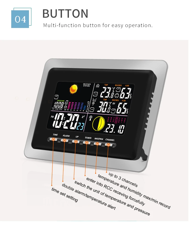 DYKIE Беспроводной RF lcd подсветка метеостанция с барометром температура внутри и снаружи влажность цифровые часы 123 передатчик