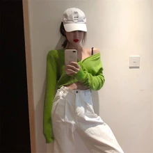 Корейский стиль зеленый сплошной цвет тонкий v-образный вырез трикотажные свитера Кардиган женский солнцезащитный длинный рукав топы женские(R1274