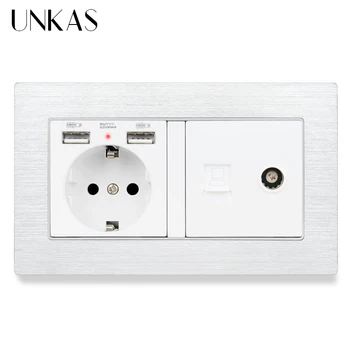 

UNKAS Aluminum Metal Panel EU Standard Wall Socket with 2 USB Charge Port + RJ45 Internet Jack With Female TV Outlet wall plug