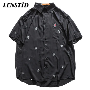 

LENSTID 2020 Hip Hop Streetwear Embroideried Floral Shirt Oversize Harajuku Beach Shirt Hawaiian Summer Short Sleeve Loose Tops