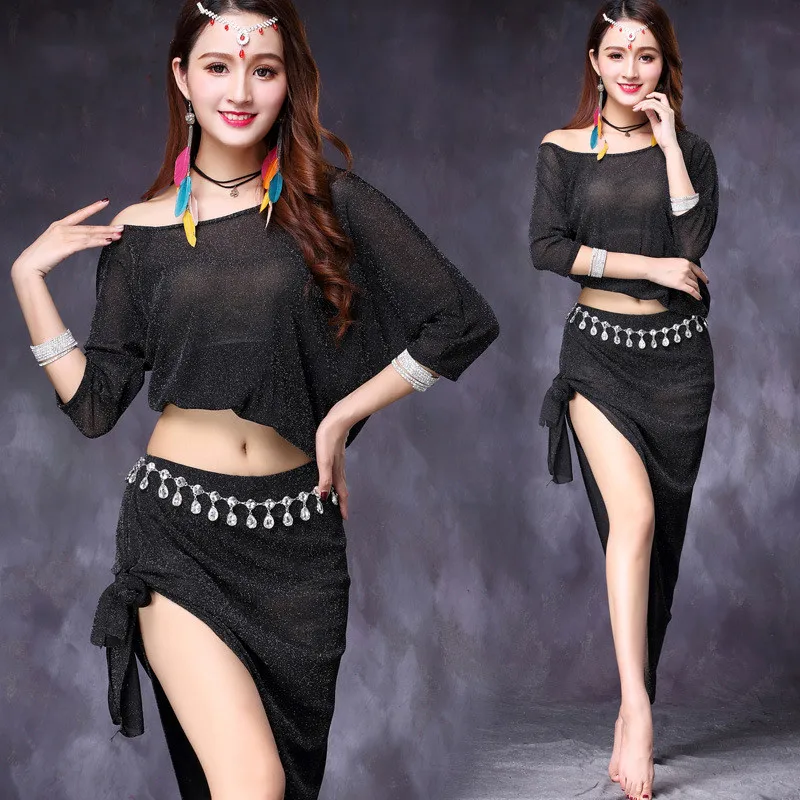2pcs Black Восточный набор костюма для танца живота укороченный топ Короткая юбка для женщин Одежда для танца живота Индийский Костюм Одежда - Цвет: 2pcs Black