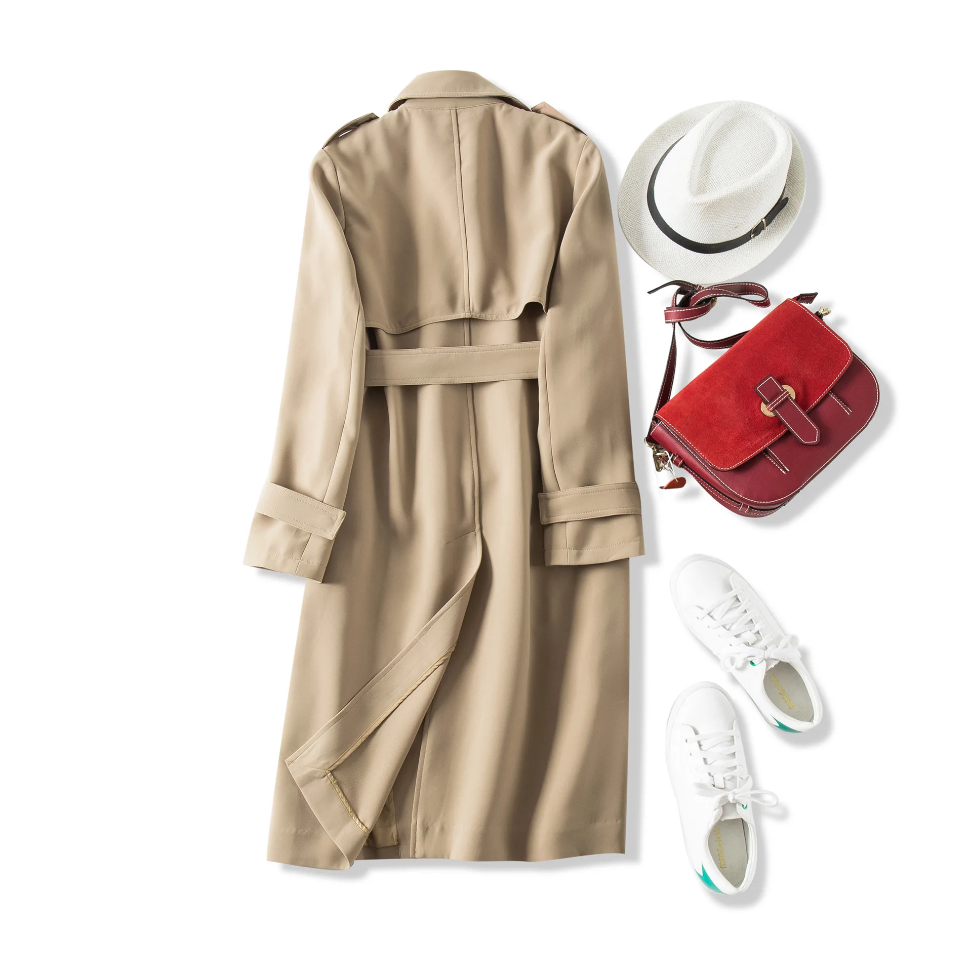19 Autumn And Winter New Style High-Order Commuting! Straight No Ironing Triacetate Lace-up Waist Hugging Mid-length Trench Coat