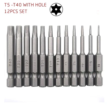 

50mm 12Pcs Set Security Tamper Proof Magnetic Screwdriver Drill Bit Screw Driver Bits Hex Torx Head with hole 1/4" Hand Tools