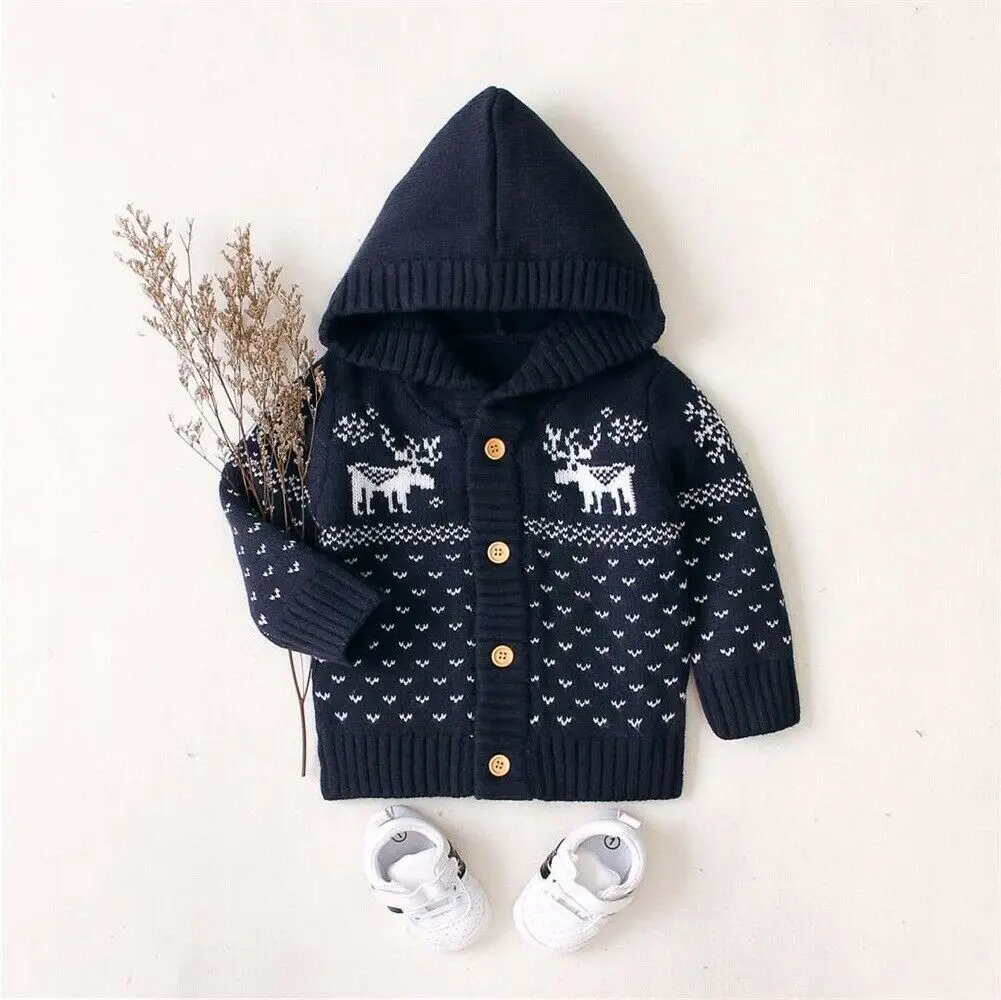 Dark Blue Коллекция года, осенне-зимняя одежда для малышей рождественское теплое пальто для новорожденных девочек и мальчиков, с капюшоном, Рождественский лось, вязаная Толстая куртка на пуговицах - Цвет: Dark Blue