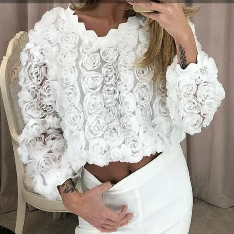 

Autumn Winter New Fashion Women Long Sleeve Round Neck Flower Embellished Scalloped Tops Casual Blouse Outfits