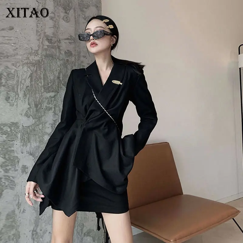 XITAO, плиссированное, необычное, черное, смешанное, женская мода, новинка, зимнее, на одной пуговице, с широкой талией, полный рукав, повседневное пальто DMY1654