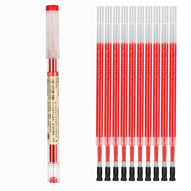 11Pcs/Lot 0.35mm Ultra Fine Finance Gel Pen Black/Blue/Red ink Refills Rods Gelpen For School Office Exam Supplies Stationery 1 pen-10 Refill-Red