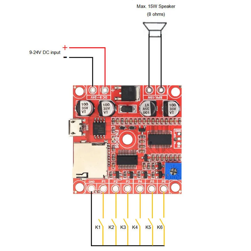 6 Trigger MP3 Sound Board MP3 Playback Board for Siren Horn Recordable Audio Module with 15W Amplifier for Alarm System