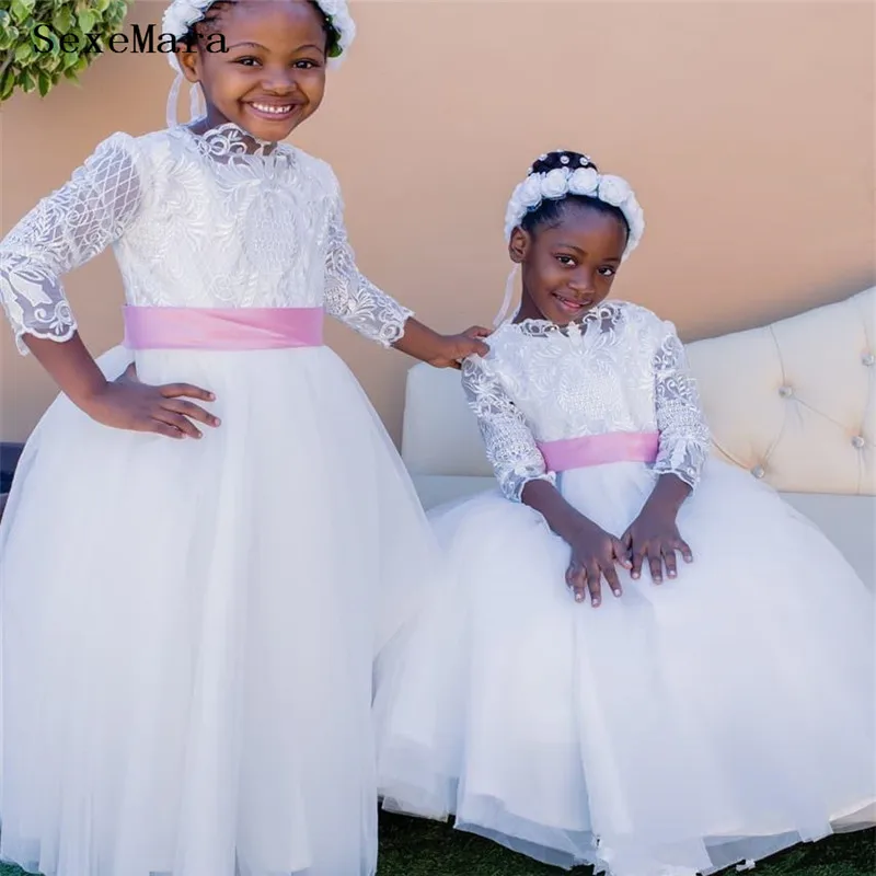 

Flower Girls Dresses Lace Top Long Sleeve Kids Clothes Birthday Party Gown Girls First Communion Dress Custom Made