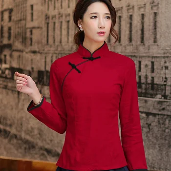 

Vintage Cotton Linen Blouse Chinese Style Cheongsam Tops Woman China Classical Qipao Shirt Green Red Temperament Tea Costume Top
