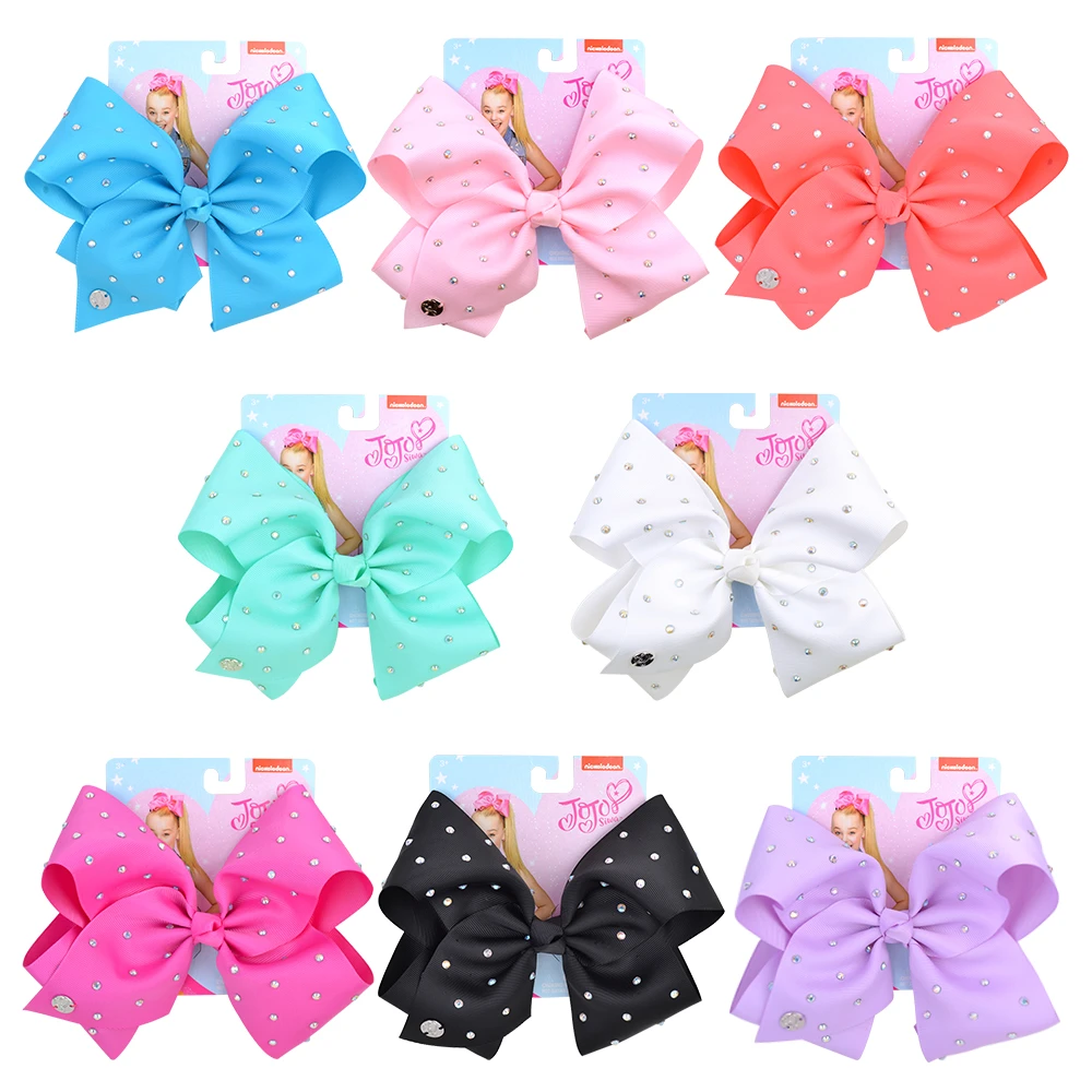7" Rhinestones Ribbon Hair Bow With Clips For Kids Solid Color Ribbon Hairgrips