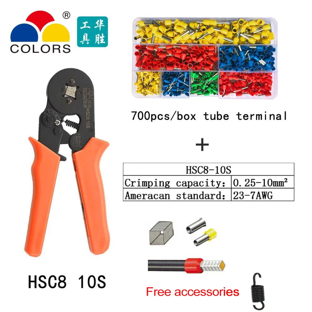 HSC8 10s 700H Цвета HSC8 10S обжимные плоскогубцы 0,25-10 мм2 23-14AWG шестигранные четырехгранные электрические трубки Клеммы Коробка фирменный зажим ручные инструменты - Цвет: HSC8 10s 700H