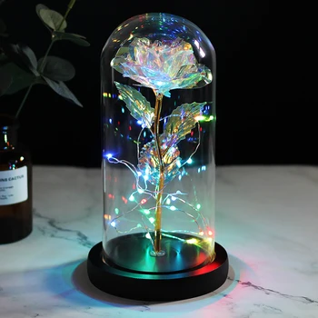 

New Flashing colorful LED night with Black Base Galaxy Rose In Flask Flower In Glass Dome For Valentine'S Day Gift Wedding Deco