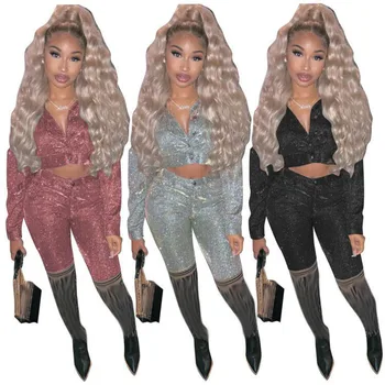 

ZKYZWX Sexy Rhinestone Two Piece Set Button Crop Top+Pants fall women fashion clothes Night Club Outfits Streetwear Matching Set